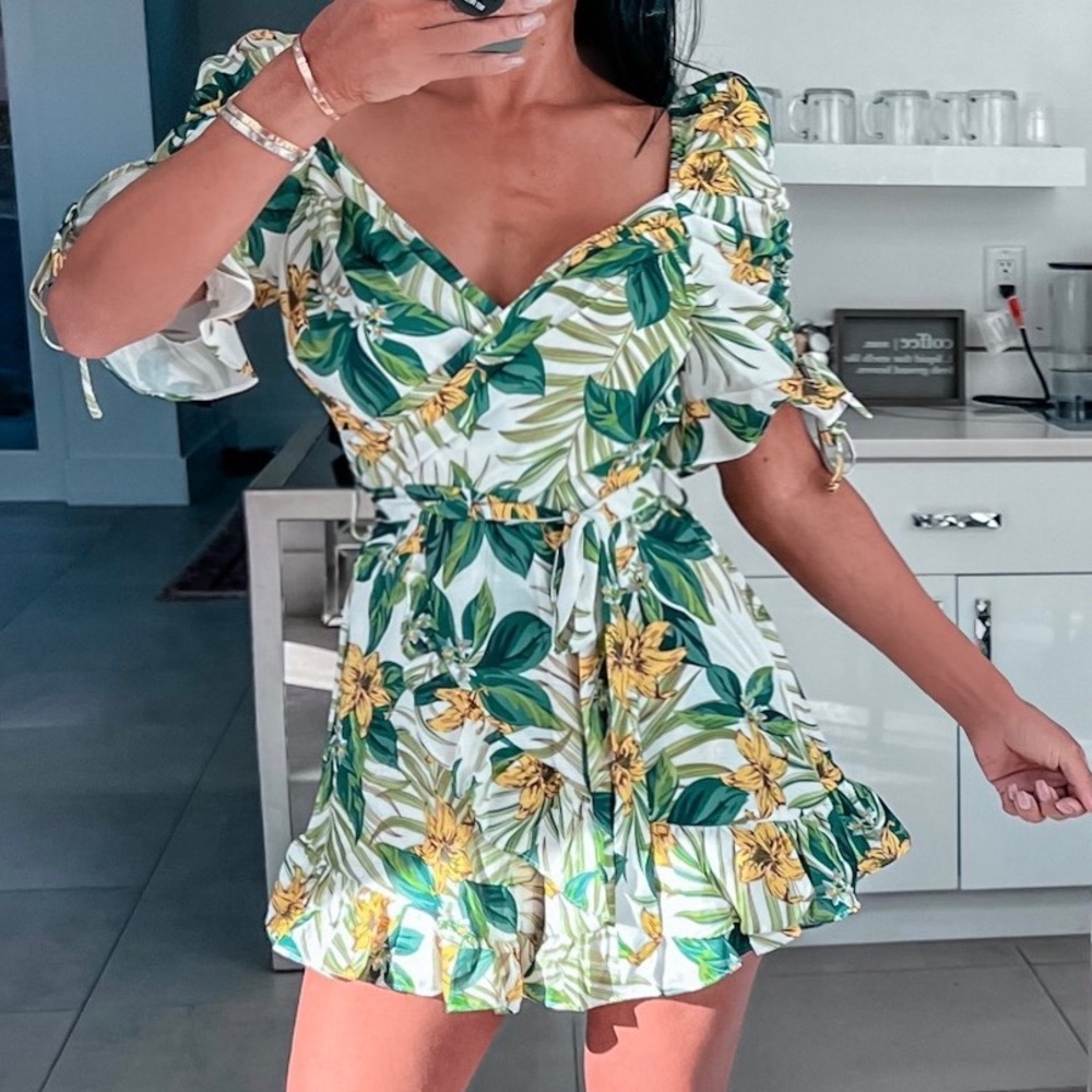 Green and yellow floral romper